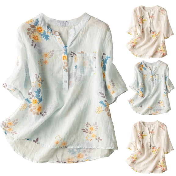 Inverlee Cotton Linen Shirts Women Summer Short Sleeve Tops Cute Plus Size Solid Color T Shirts Soft Work Tunic Blouse