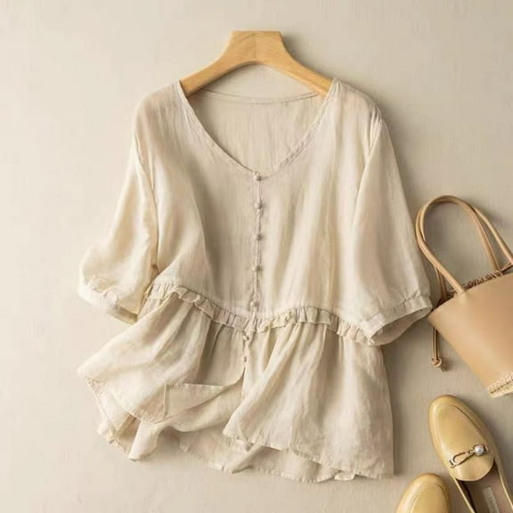 Inverlee Cotton Linen Shirts for Women Casual Short Sleeve Tops Dressy Casual Loose Fit Solid Color T Shirts Soft Holiday Tunic Blouse Summer Fashion