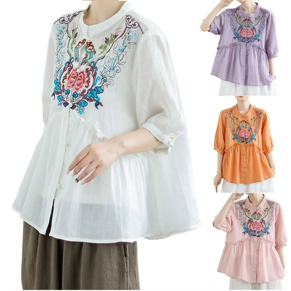 Inverlee Cotton Linen Shirts for Women Summer Short Sleeve Tops Cute Boho Solid Color T Shirts Soft Holiday Tunic Blouse