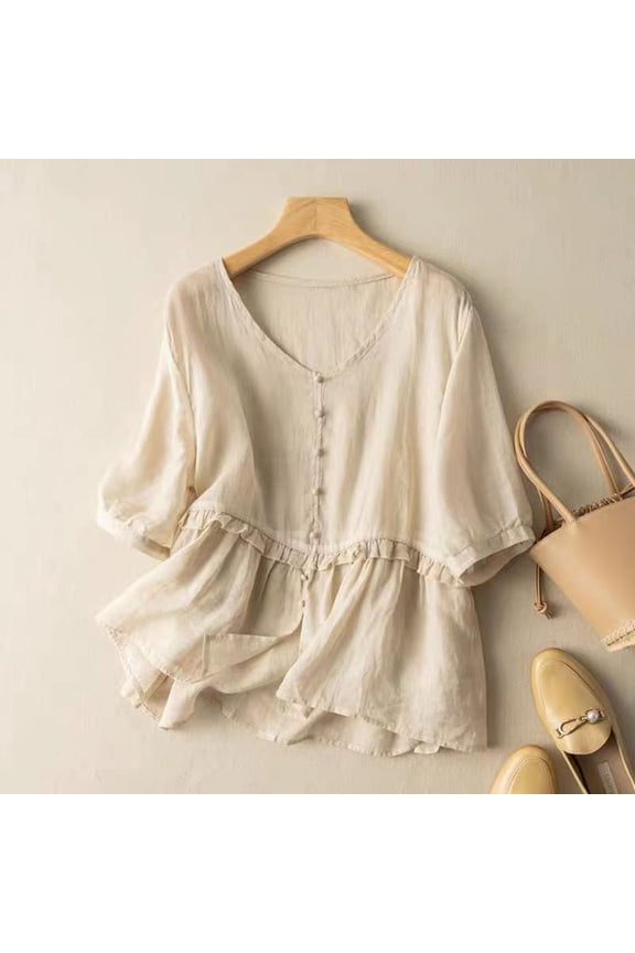 Cotton Linen Shirts for Women Summer Short Sleeve Tops Dressy Casual Boho Solid Color T Shirts Breathable Elegant Tunic Blouse