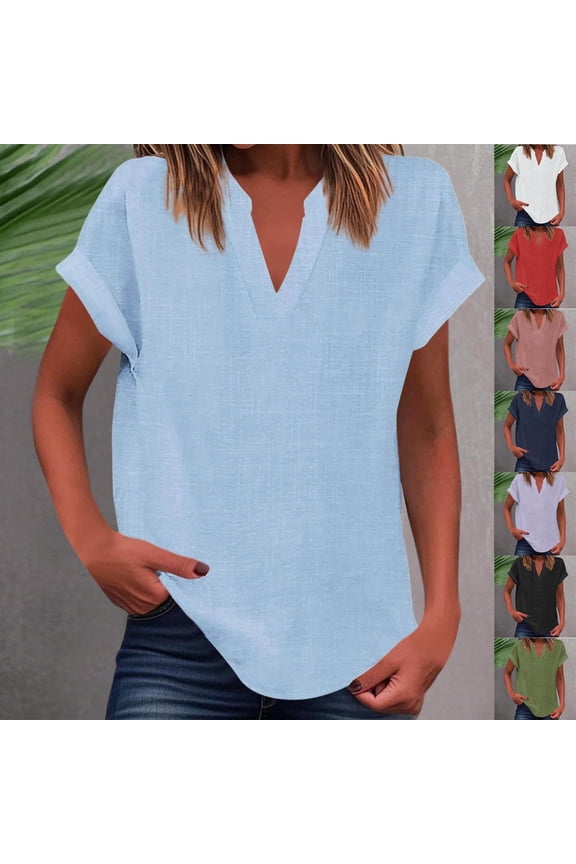 Cotton Linen Short Sleeve Tshirts for Women Summer Casual Notch V Neck Basic Tees Trendy Relax Fit Solid Color Tunic Tops