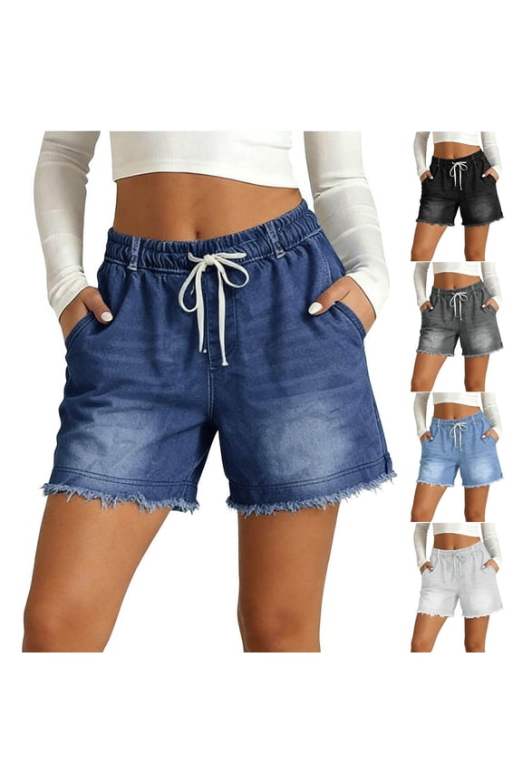 Denim Shorts for Women Frayed Hem Drawstring Casual Jean Bottoms Washed Denim Pants Light Blue S