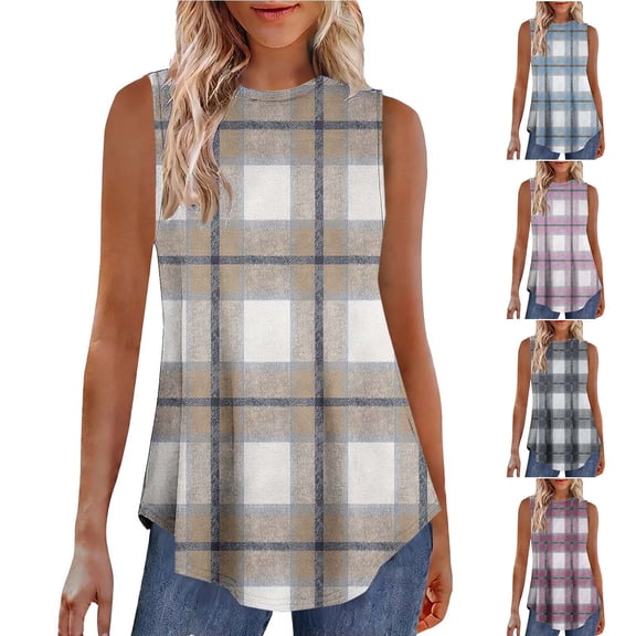 Inverlee Dressy Casual Round Neck Tank Tops for Women Trendy Sleeveless Shirts Summer Plaid Tunics Blouse