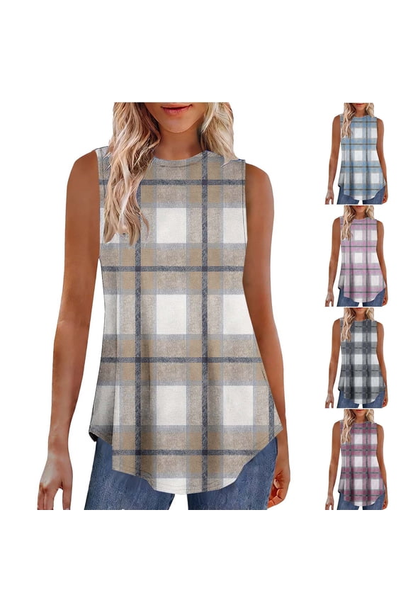 Dressy Casual Round Neck Tank Tops for Women Trendy Sleeveless Shirts Summer Plaid Tunics Blouse
