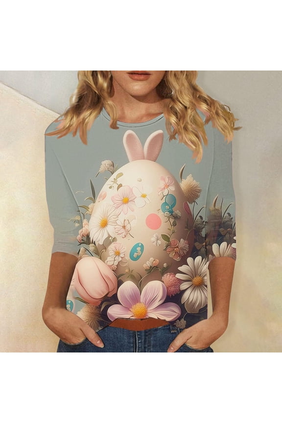 Easter Day 3/4 Sleeve Blouses for Women Funny Egg Print Plus Size Tunics Trendy Casual Round Neck Tee Tops