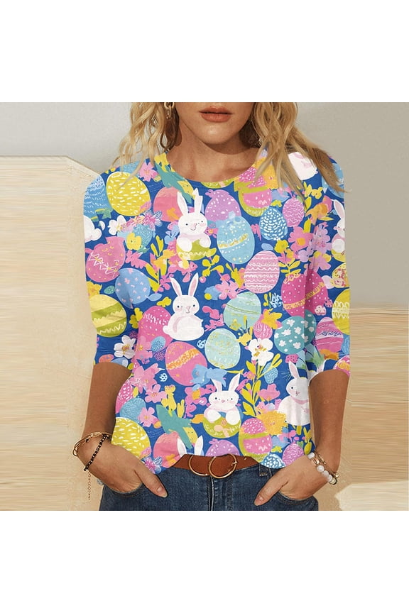 Easter Shirts for Women Bunny Eggs Graphic Tees Soft 3/4 Sleeve T Shirts Blouses Summer Crewneck Gifts Tops