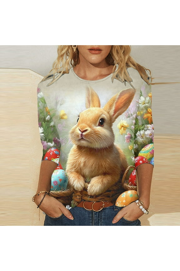 Easter Shirts for Women Rabbits Eggs Graphic Tees Oversized 3/4 Sleeve T Shirts Blouses Workout Round Neck Holiday Tops