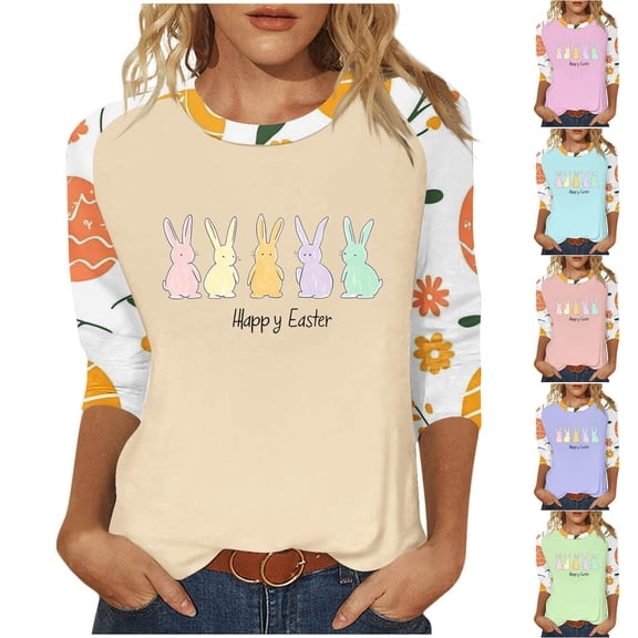Inverlee Easter Shirts for Women Funny Bunny Eggs Graphic Tees Active 3/4 Sleeve T Shirts Blouses Workout Crewneck Festival Styles Tops