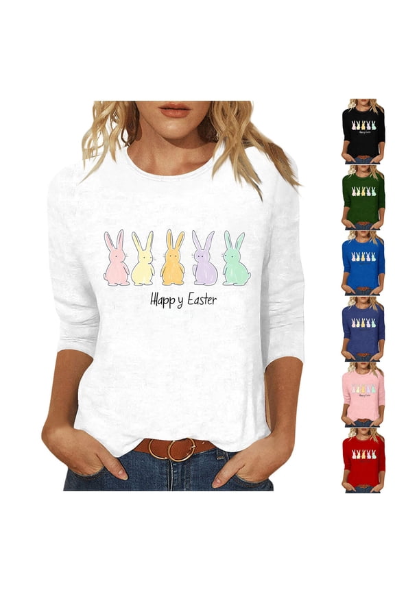 Easter Shirts for Women Funny Bunny Eggs Print Tees Trendy 3/4 Sleeve T Shirts Blouses Summer Crewneck Gifts Tops