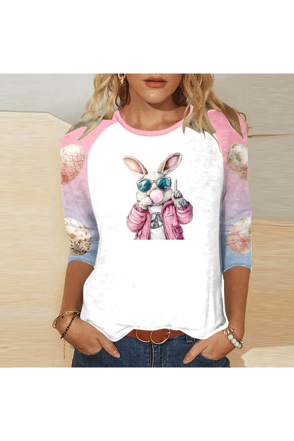 Easter Shirts for Women Funny Bunny Eggs Print Tees Trendy 3/4 Sleeve T Shirts Blouses Summer Round Neck Gifts Tops