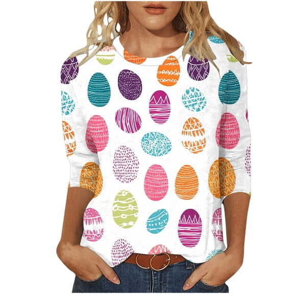 Inverlee Easter Tshirts for Women Funny Bunny Eggs Print Tees Oversized 3/4 Sleeve T Shirts Blouses Work Round Neck Dressy Casual Tops
