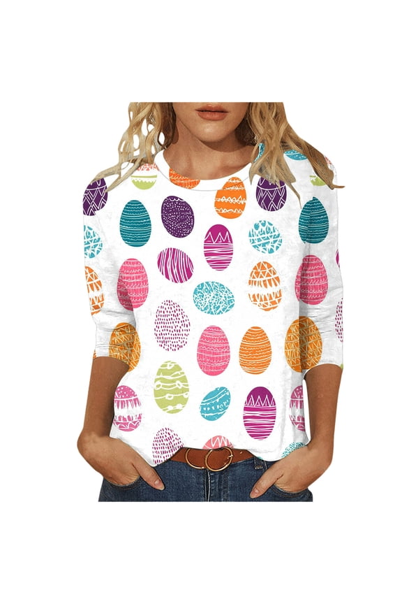 Easter Tshirts for Women Funny Bunny Eggs Print Tees Oversized 3/4 Sleeve T Shirts Blouses Work Round Neck Dressy Casual Tops