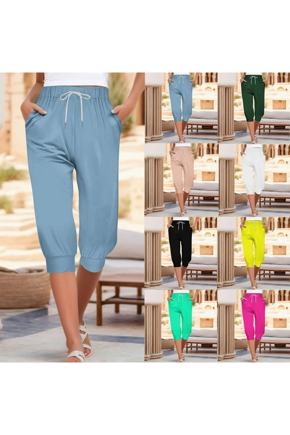 Elastic Waist Capri Pants for Women Trendy Cuffed Leg Drawstring Trousers Summer Casual Solid Stretchy Bottoms with Pockets