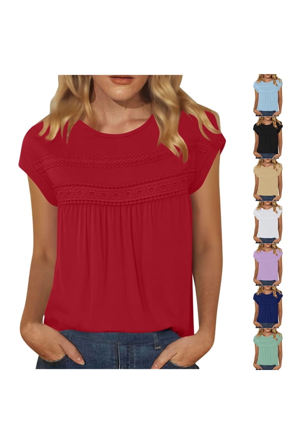 Elegant Cap Short Sleeve Shirts for Women Trendy Embroidered Pleated Round Neck Tops Summer Dressy Casual Workout Blouse