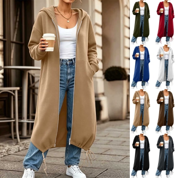 Inverlee Full Zip Hooded Maxi Length Sweatshirt Coats Drawstring Hem Side Pocket Long Outerwear Streetwear Oversized Warm Lounge Cardigans