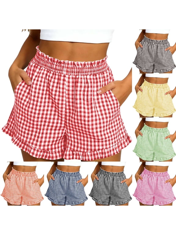 Gingham Check Ruffle Hem Shorts for Women Elastic Waist Casual Summer Beach Trousers Red XXL