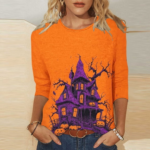 Inverlee Halloween Shirts Women Cute Pumpkin Ghost Graphic Tees Classic Crewneck T-shirt 3/4 Sleeve Tunic Blouse Tops Halloween Clothes