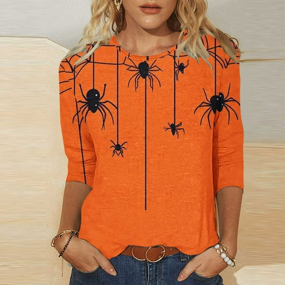 Inverlee Halloween Shirts for Women Cute Pumpkin Ghost Graphic Tees Going Out Round Neck T-shirt 3/4 Sleeve Tunic Blouse Tops Halloween Party Supplies