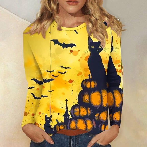 Inverlee Halloween Shirts for Women Cute Pumpkin Ghost Graphic Tees Going Out Round Neck T-shirt Long Sleeve Dressy Casual Blouse Tops Halloween Clothes