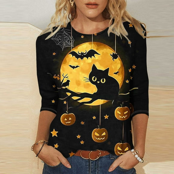 Inverlee Halloween Shirts Women Cute Pumpkin Ghost Graphic Tees Soft Crewneck T-shirt 3/4 Sleeve Tunic Blouse Tops Halloween Costumes