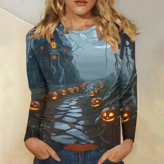 Inverlee Halloween Shirts Women Funny Pumpkin Ghost Print Tees Stretch Crewneck T-shirt Long Sleeve Holiday Blouse Tops Halloween Clothes