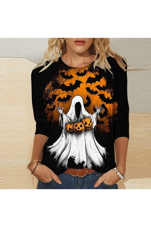 Halloween Shirts Women Plus Size Pumpkin Ghost Graphic Tees Classic Round Neck T-shirt 3/4 Sleeve Dressy Casual Blouse Tops Halloween Gifts