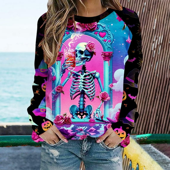 Inverlee Halloween Shirts for Women Plus Size Pumpkin Ghost Graphic Tees Classic Round Neck T-shirt Long Sleeve Dressy Casual Blouse Tops Halloween Gifts