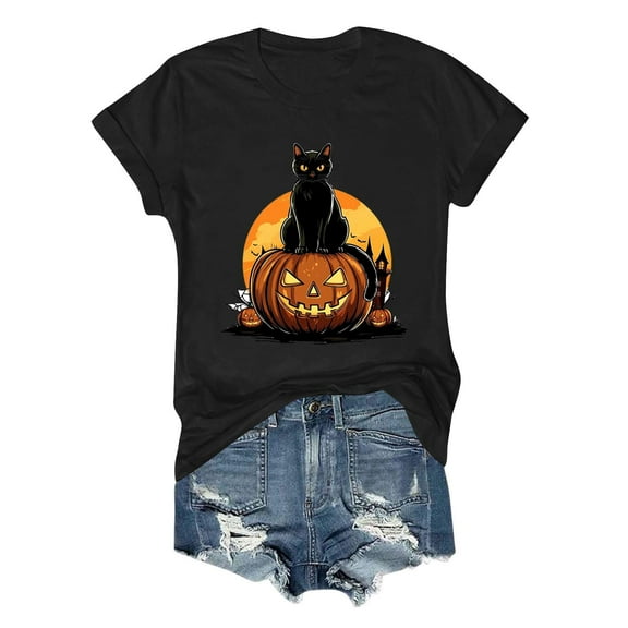 Inverlee Halloween Shirts Women Plus Size Pumpkin Ghost Graphic Tees Loose Fit Crewneck T-shirt Short Sleeve Dressy Casual Blouse Tops Halloween Clothes