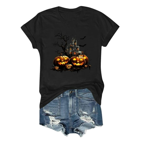 Inverlee Halloween Shirts for Women Plus Size Pumpkin Ghost Graphic Tees Trendy Round Neck T-shirt Short Sleeve Dressy Casual Blouse Tops Halloween Party Supplies