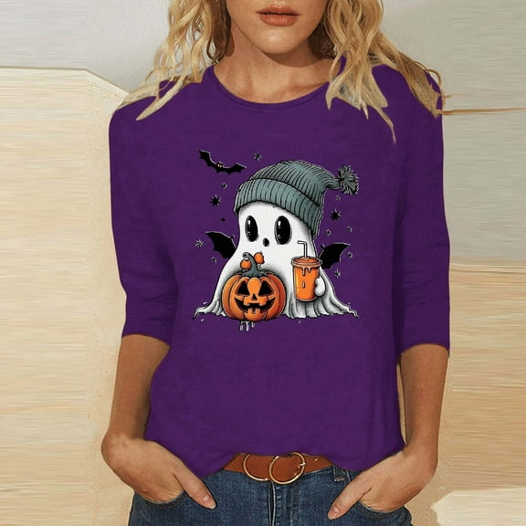 Inverlee Halloween Shirts Women Plus Size Pumpkin Ghost Graphic Tees Work Round Neck T-shirt 3/4 Sleeve Holiday Blouse Tops Halloween Gifts