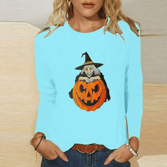 Inverlee Halloween Shirts Women Plus Size Pumpkin Ghost Print Tees Soft Crewneck T-shirt Long Sleeve Dressy Casual Blouse Tops Halloween Clothes