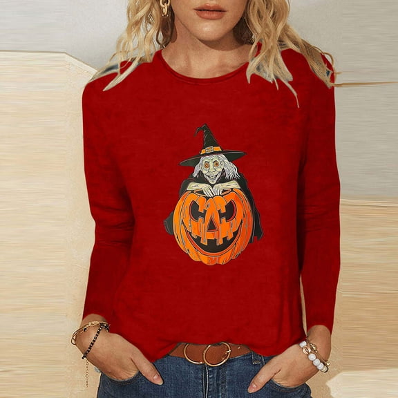 Inverlee Halloween Shirts Women Plus Size Pumpkin Ghost Print Tees Soft Crewneck T-shirt Long Sleeve Dressy Casual Blouse Tops Halloween Clothes