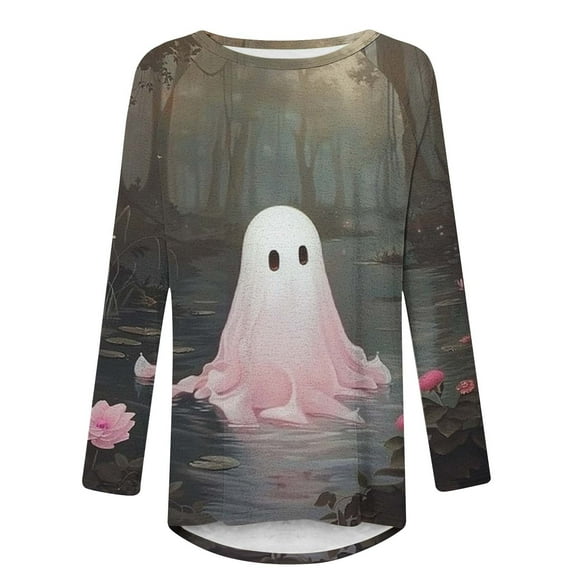 Inverlee Halloween Shirts for Women Cute Pumpkin Ghost Graphic Tees Soft Crewneck T-shirt Long Sleeve Holiday Blouse Tops Halloween Party Supplies