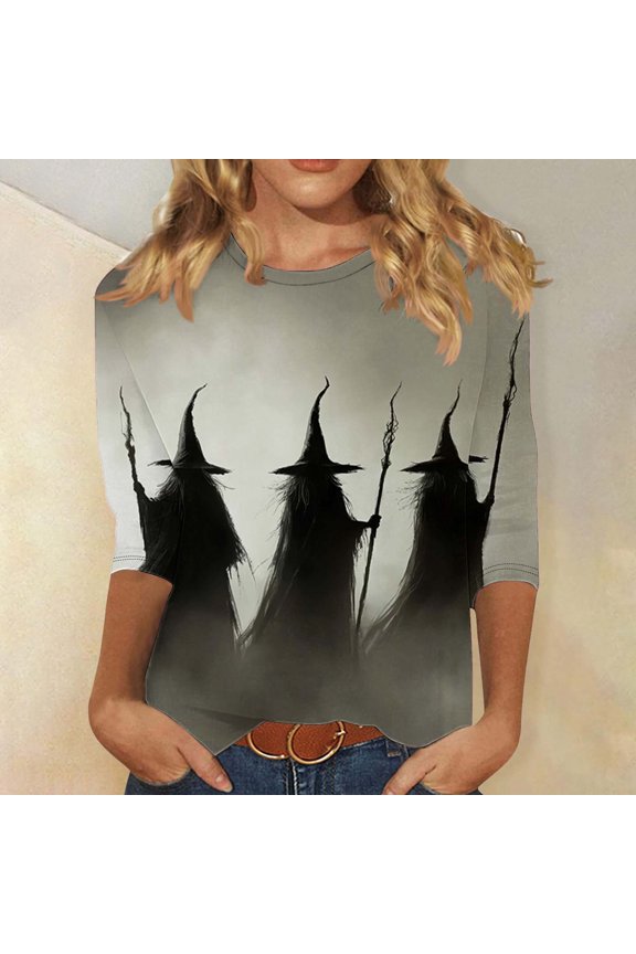 Halloween Shirts for Women Funny Pumpkin Ghost Print Tees Classic Crewneck T-shirt 3/4 Sleeve Dressy Casual Blouse Tops Halloween Costumes