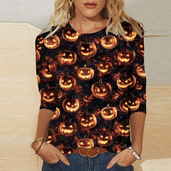 Inverlee Halloween Shirts for Women Funny Pumpkin Ghost Print Tees Loose Fit Round Neck T-shirt 3/4 Sleeve Tunic Blouse Tops Halloween Party Supplies