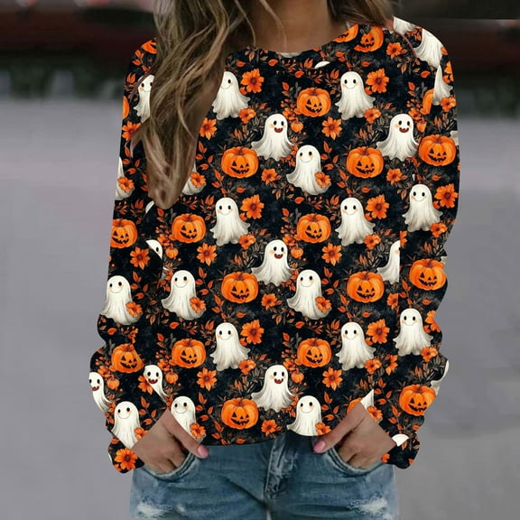 Inverlee Halloween Shirts for Women Plus Size Pumpkin Ghost Graphic Tees Soft Round Neck T-shirt Long Sleeve Tunic Blouse Tops Halloween Costumes