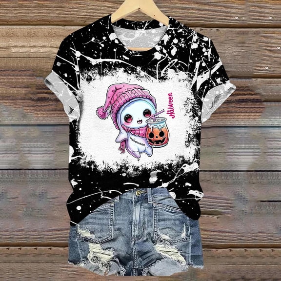 Inverlee Halloween Shirts for Women Plus Size Pumpkin Ghost Graphic Tees Soft Round Neck T-shirt Short Sleeve Holiday Blouse Tops Halloween Costumes