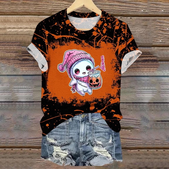 Inverlee Halloween Shirts for Women Plus Size Pumpkin Ghost Graphic Tees Soft Round Neck T-shirt Short Sleeve Holiday Blouse Tops Halloween Costumes