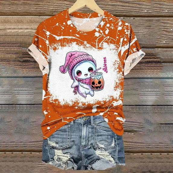 Inverlee Halloween Shirts for Women Plus Size Pumpkin Ghost Graphic Tees Soft Round Neck T-shirt Short Sleeve Holiday Blouse Tops Halloween Costumes