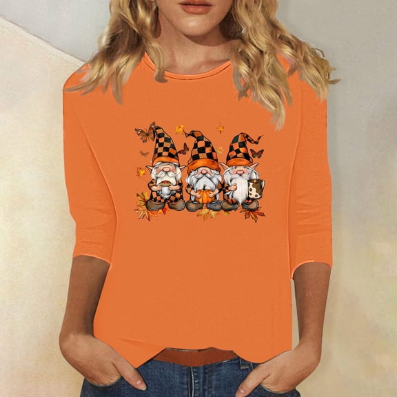 Inverlee Halloween Shirts for Women Plus Size Pumpkin Ghost Graphic Tees Trendy Round Neck T-shirt 3/4 Sleeve Holiday Blouse Tops Halloween Clothes