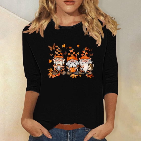 Inverlee Halloween Shirts for Women Plus Size Pumpkin Ghost Graphic Tees Trendy Round Neck T-shirt 3/4 Sleeve Holiday Blouse Tops Halloween Clothes