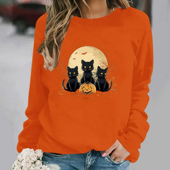 Inverlee Halloween Sweatshirts Women Cute Pumpkin Ghost Graphic T-shirt Going Out Crewneck Sweatshirt Long Sleeve Holiday Pullover Tops Halloween Gifts