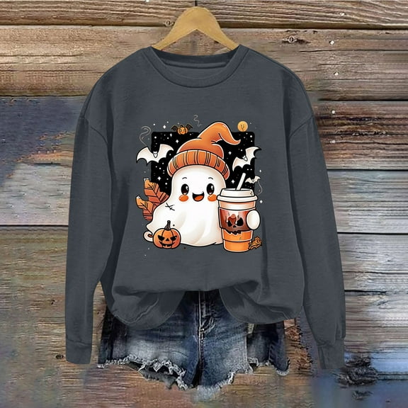 Inverlee Halloween Sweatshirts for Women Cute Pumpkin Ghost Graphic T-shirt Soft Round Neck Sweatshirt Short Sleeve Dressy Casual Pullover Tops Halloween Gifts