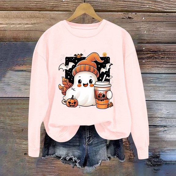 Inverlee Halloween Sweatshirts for Women Cute Pumpkin Ghost Graphic T-shirt Soft Round Neck Sweatshirt Short Sleeve Dressy Casual Pullover Tops Halloween Gifts