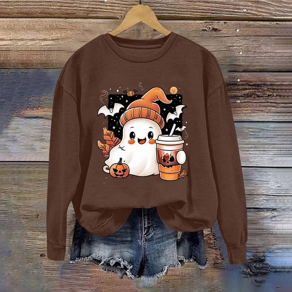 Inverlee Halloween Sweatshirts for Women Cute Pumpkin Ghost Graphic T-shirt Soft Round Neck Sweatshirt Short Sleeve Dressy Casual Pullover Tops Halloween Gifts