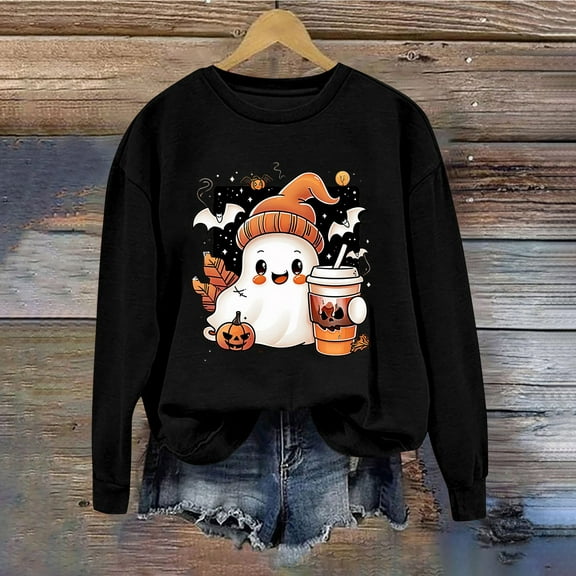 Inverlee Halloween Sweatshirts for Women Cute Pumpkin Ghost Graphic T-shirt Soft Round Neck Sweatshirt Short Sleeve Dressy Casual Pullover Tops Halloween Gifts