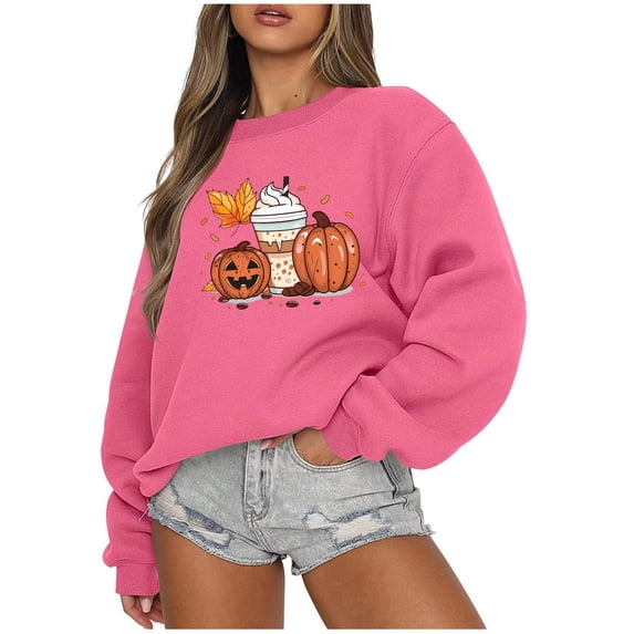 Inverlee Halloween Sweatshirts Women Cute Pumpkin Ghost Print T-shirt Work Round Neck Sweatshirt Long Sleeve Tunic Pullover Tops Halloween Costumes