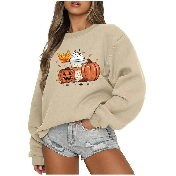 Inverlee Halloween Sweatshirts Women Cute Pumpkin Ghost Print T-shirt Work Round Neck Sweatshirt Long Sleeve Tunic Pullover Tops Halloween Costumes