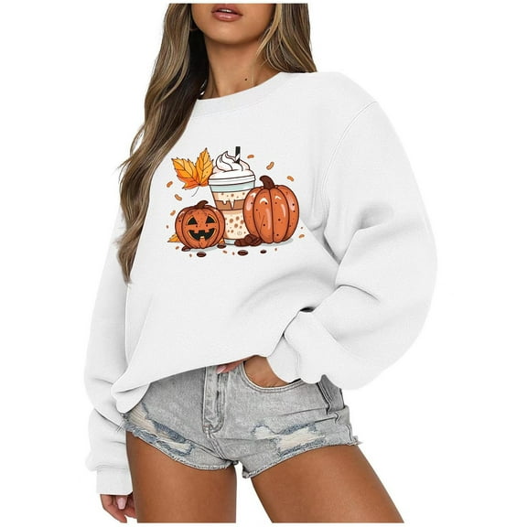 Inverlee Halloween Sweatshirts Women Cute Pumpkin Ghost Print T-shirt Work Round Neck Sweatshirt Long Sleeve Tunic Pullover Tops Halloween Costumes