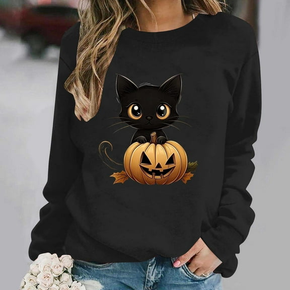 Inverlee Halloween Sweatshirts Women Funny Pumpkin Ghost Graphic T-shirt Loose Fit Crewneck Sweatshirt Long Sleeve Dressy Casual Pullover Tops Halloween Clothes